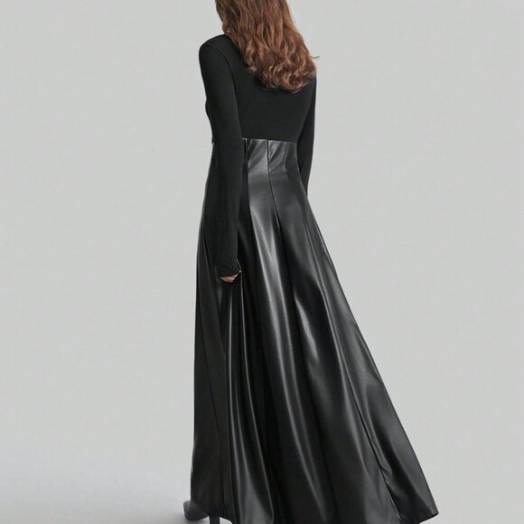 Black Elegant Women's solid upper with Faux Leather bottom Maxi Party Dress - Picture 3 of 8